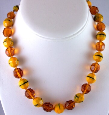 SJ109 W.Germany amber/squash faceted glass bead necklace